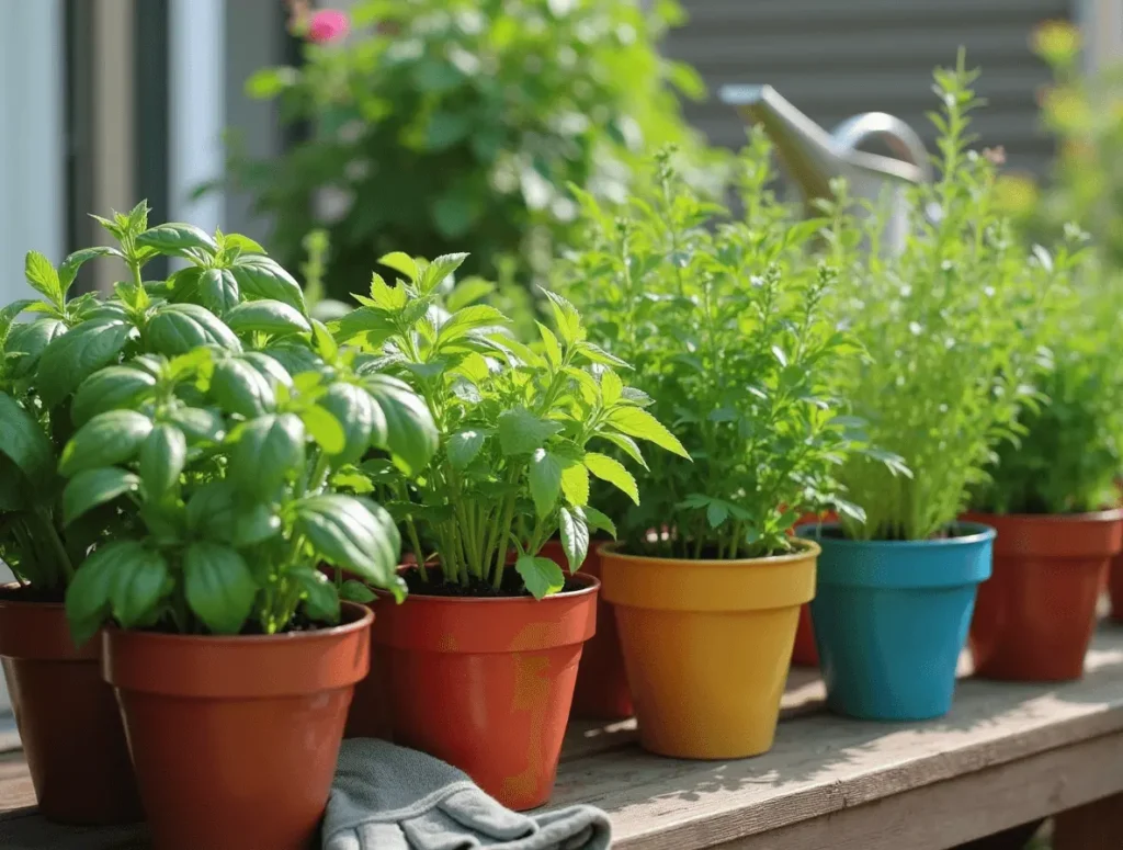 Vibrant and fresh herbal container planting with fresh basil, mint, and thyme growing in colorful pots on a wooden patio, accompanied by a watering can and gardening gloves.