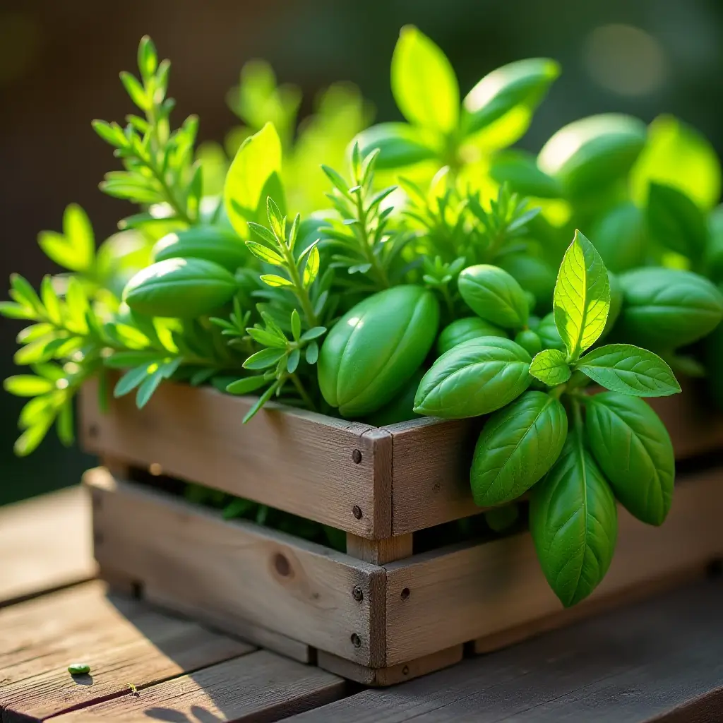 A wooden crate overflowing with fresh herbs, including basil, thyme, and rosemary. The herbs are bright green and appear to have been recently harvested.