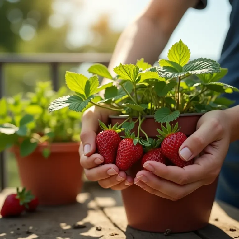 Person harvesting ripe strawberries from a pot garden on a sunny balcony, with vibrant strawberry plants in full bloom