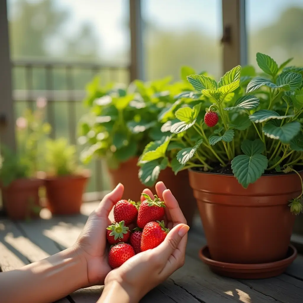 Person harvesting ripe strawberries from a pot garden on a sunny balcony, with vibrant strawberry plants in full bloom