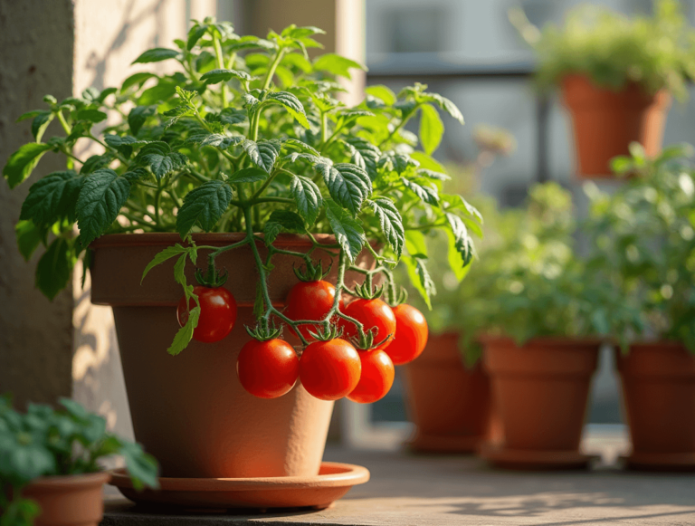 A terracotta pot overflowing with ripe red juicy and cherry tomatoes on a sunny balcony