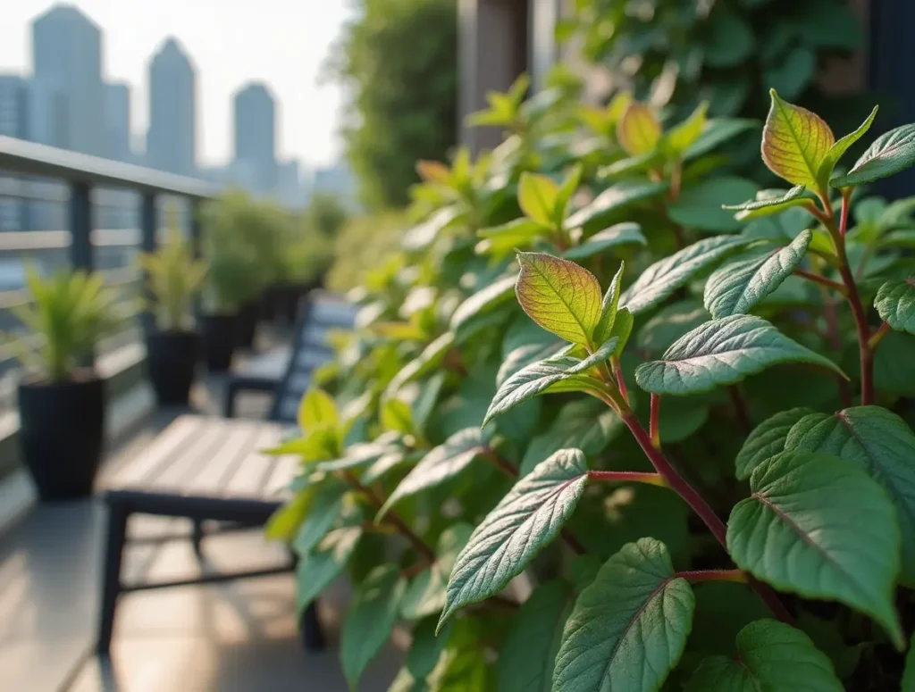 Close-up of vibrant Perilla leaves in a rooftop garden, showcasing the best Perilla planting tips for growing Perilla leaf, perfect for culinary uses.