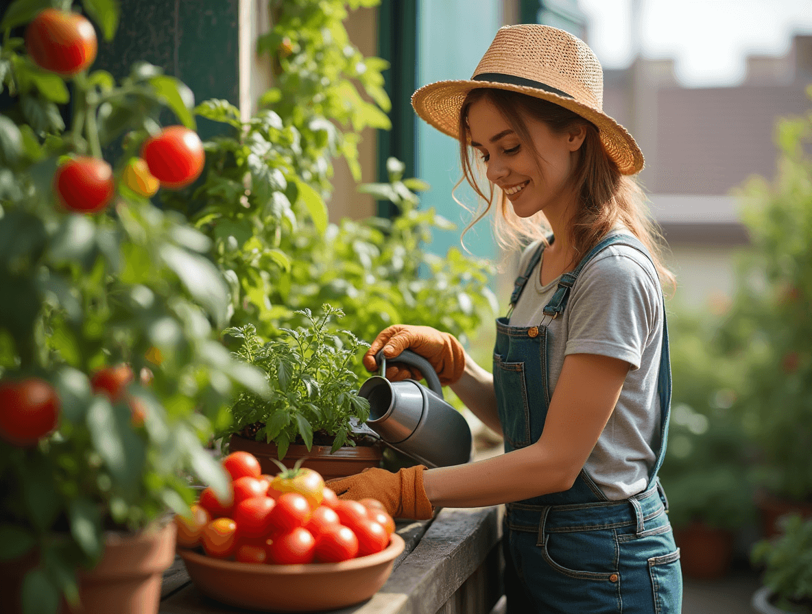 A woman growing harvest and cherry tomatoes from potted plants