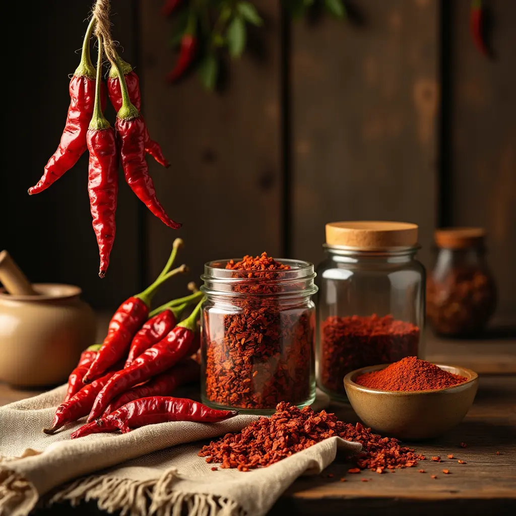 Dried peppers displayed in various forms—whole chilies hanging, crushed flakes in a glass jar, and ground powder in a ceramic bowl—on a rustic wooden table.