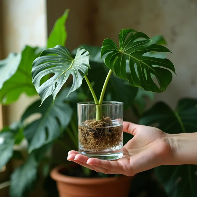 Monstera deliciosa cuttings in water with propagation tools