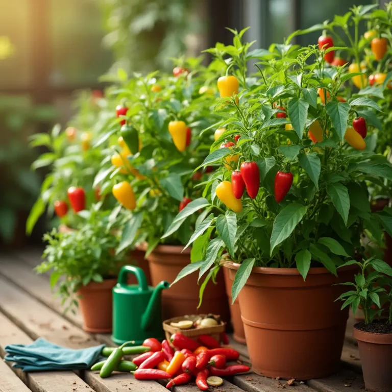 A collection of thriving pepper plants in colorful pots on a sunny balcony, showcasing red, yellow, and green peppers at different stages of ripeness. Learn How to grow vibrant peppers