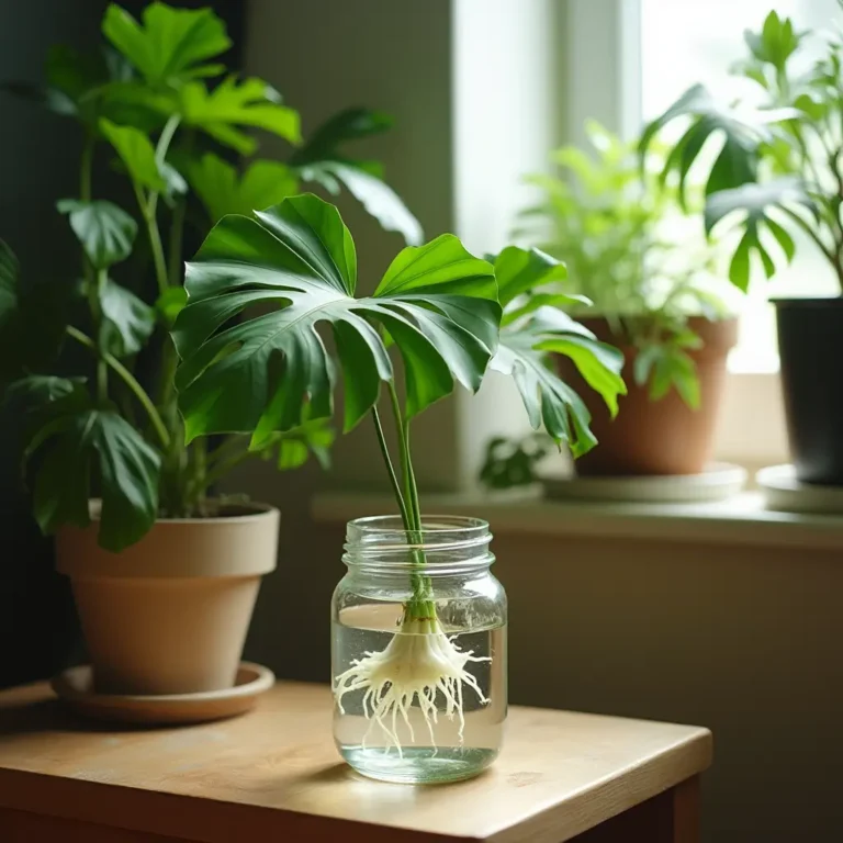 Close-up of Monstera deliciosa leaves being propagated in glass jars.