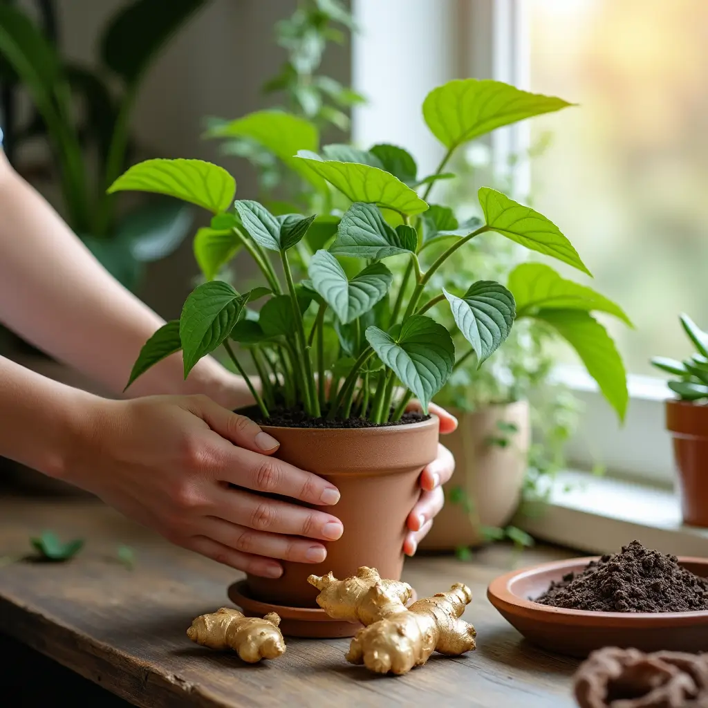 lose-up view of a person holding a pot with a young ginger plant, with fresh ginger root pieces scattered on the table.