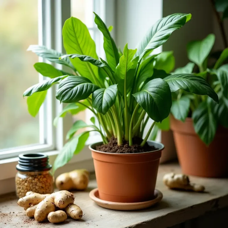 Close-up of a ginger plant growing in a terracotta pot on a windowsill, with fresh ginger rhizomes on the table, showcasing indoor gardening and propagation