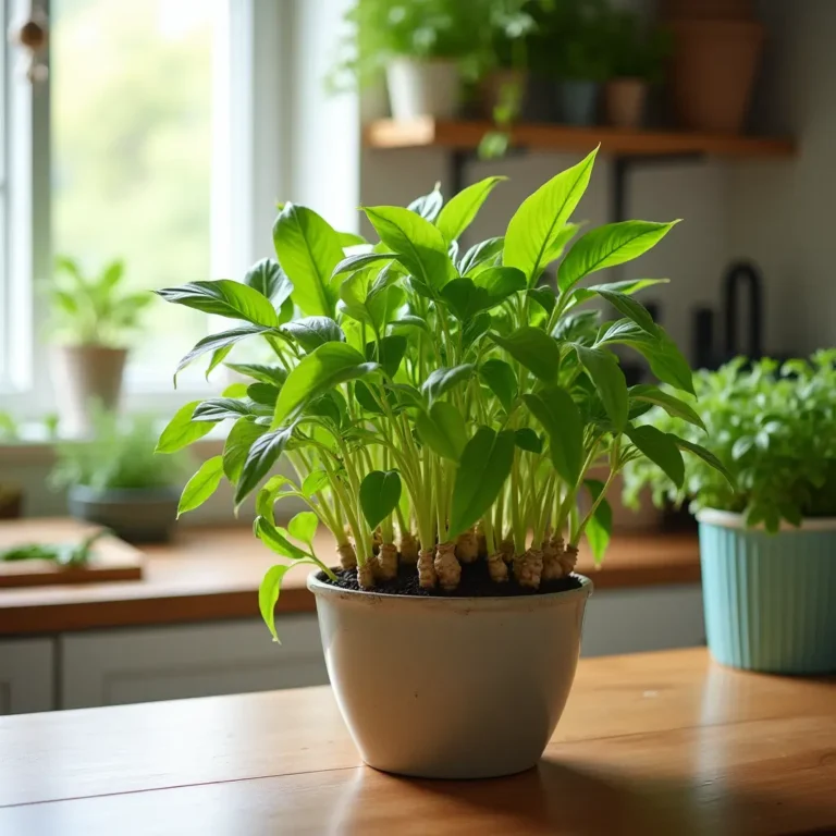 A healthy ginger plant growing in a white pot on a wooden table, showcasing its lush green leaves and emerging rhizomes, perfect for indoor gardening