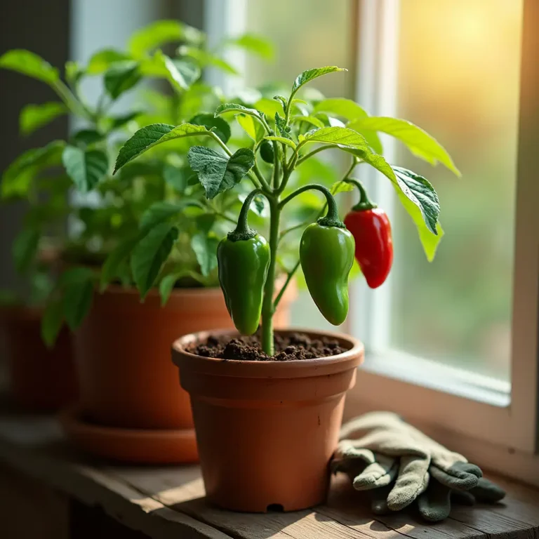 alapeño pepper plant in a terracotta pot on a wooden deck, showing green and red peppers at different ripening stages."