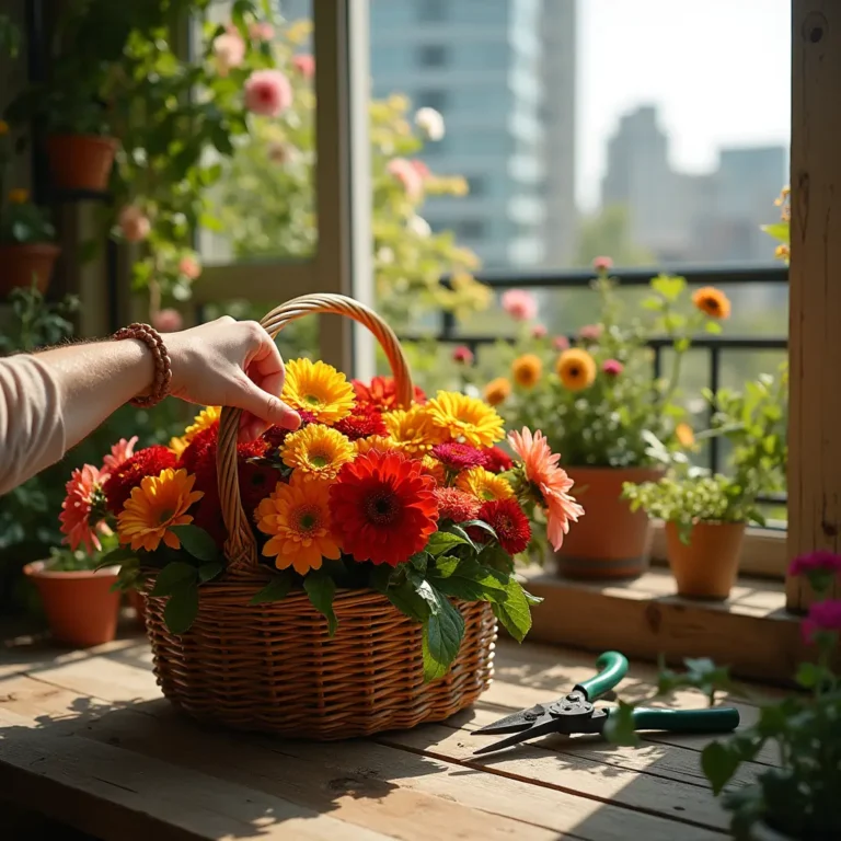 A gardener’s hands carefully clipping fresh zinnias, dahlias, and sunflowers from a thriving balcony cut flower garden. A woven basket filled with colorful blooms rests on a wooden table, with gardening shears nearby and potted plants surrounding the space.