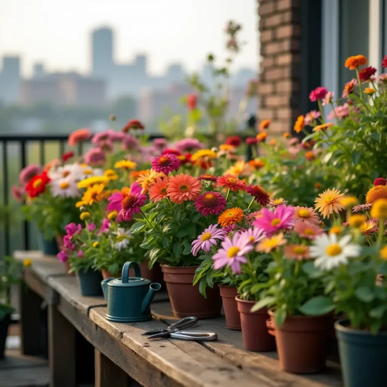 A gardener’s hands harvesting fresh cut flowers from a lush balcony garden, placing vibrant zinnias, dahlias, and sunflowers into a woven basket on a wooden table, with pruning shears nearby and a softly blurred city skyline in the background.