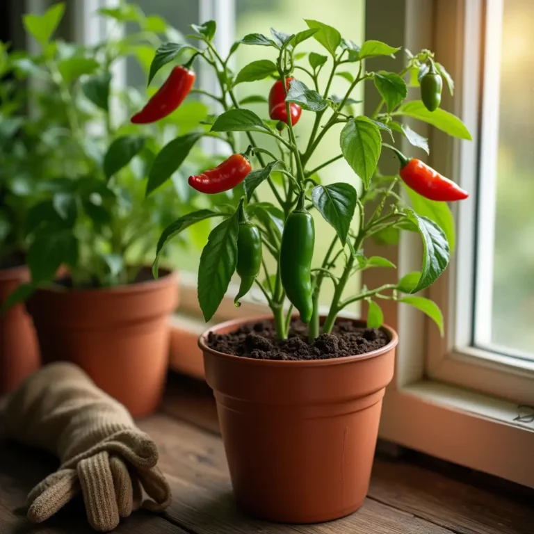 harvesting a ripe green jalapeño pepper from a potted plant on a sunny balcony, with additional peppers visible in a basket nearby