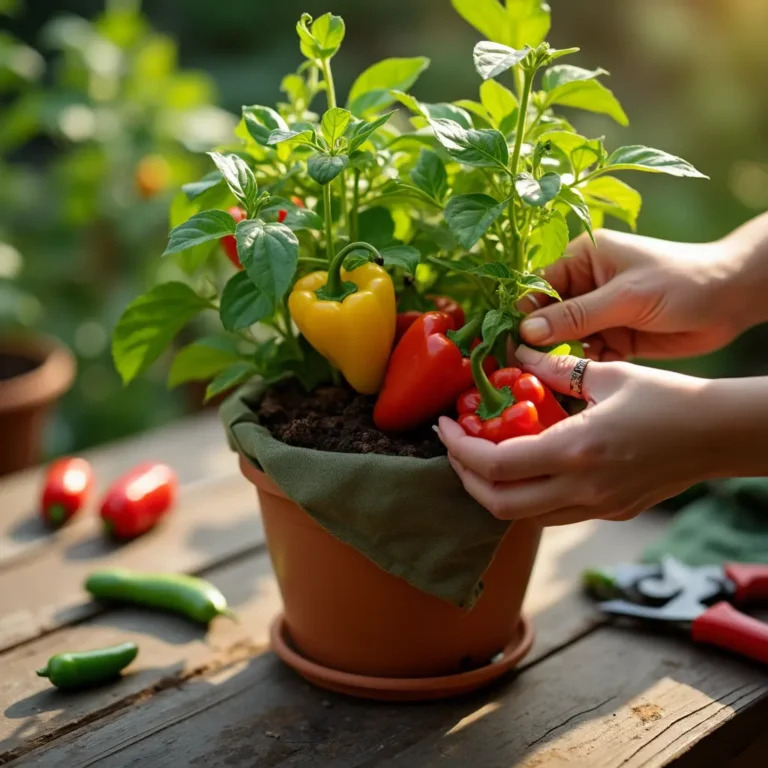 A woman's hands carefully harvesting a ripe red bell pepper from a lush green pepper plant growing in a terracotta pot.