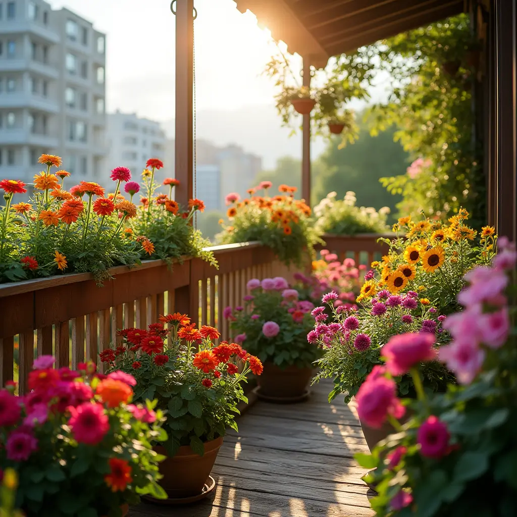 A lush cut flower garden on a sunlit balcony, featuring colorful zinnias, sunflowers, dahlias, and snapdragons in stylish pots and planters, with a wooden railing and a blurred cityscape in the background.