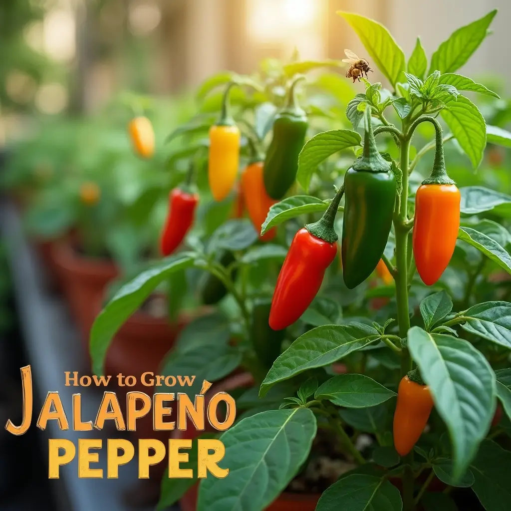 A lush jalapeño pepper plant with green and red peppers growing in a sunny garden surrounded by other potted plants.