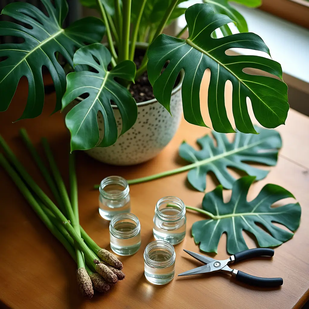 Preparing Monstera deliciosa cuttings for propagation in water.