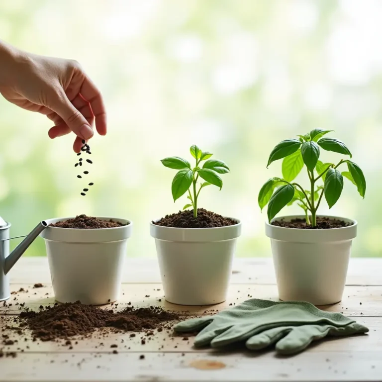 Step-by-step guide showing basil seeds being planted, a young seedling sprouting, and a mature basil plant with full leaves, alongside gardening tools. Picture shows how to grow basil indoors step by step