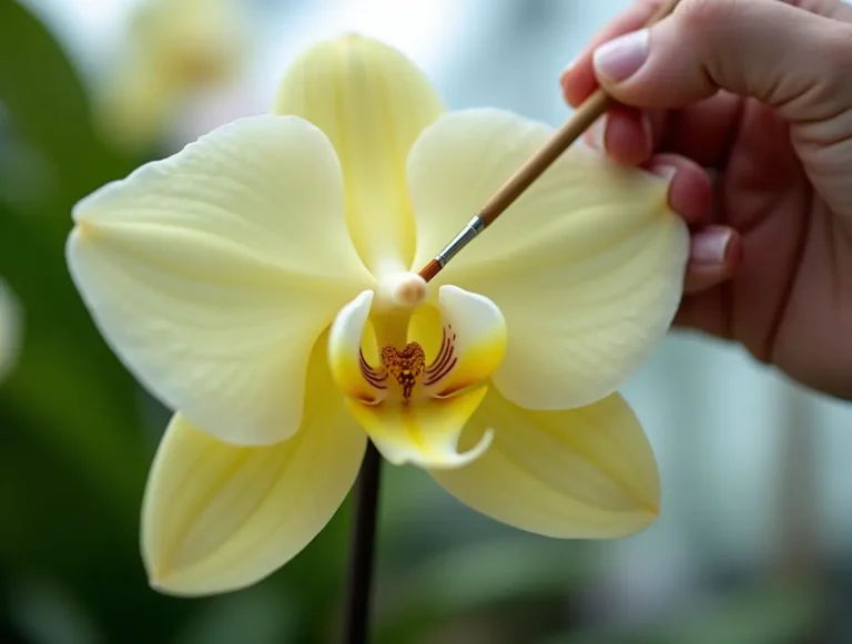 Close-up of hand pollinating a vanilla bean orchid flower using a brush