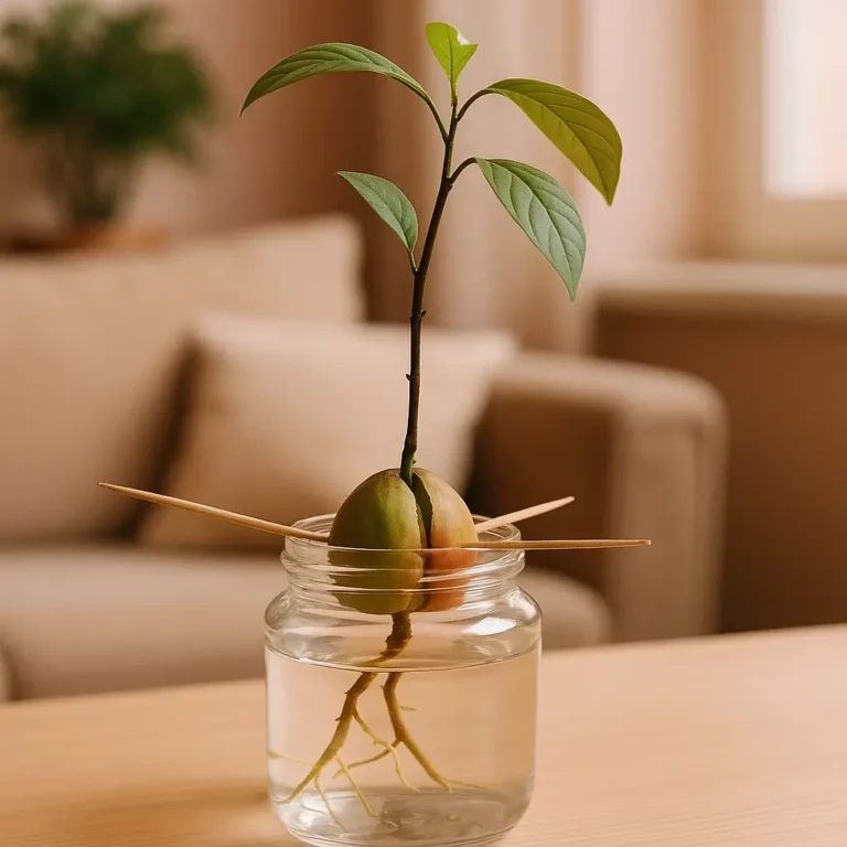 illustration of how to grow avocado from seeds. Avocado seed suspended over a glass jar using toothpicks, germinating roots in water with a sprouting stem on a cozy background.