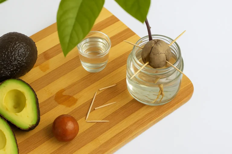 Sliced avocado on wooden board with toothpicks, seed suspended in a water jar for indoor germination process.