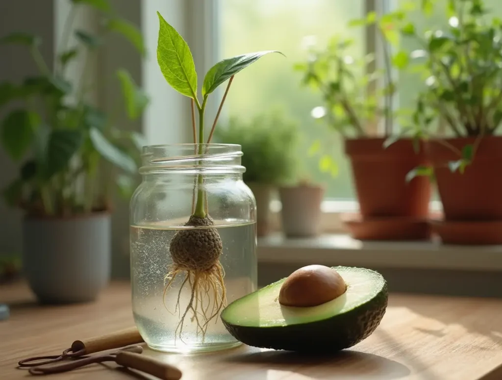 Avocado seed growing in a glass jar with toothpicks and roots, next to ripe avocado and gardening tools on wooden table