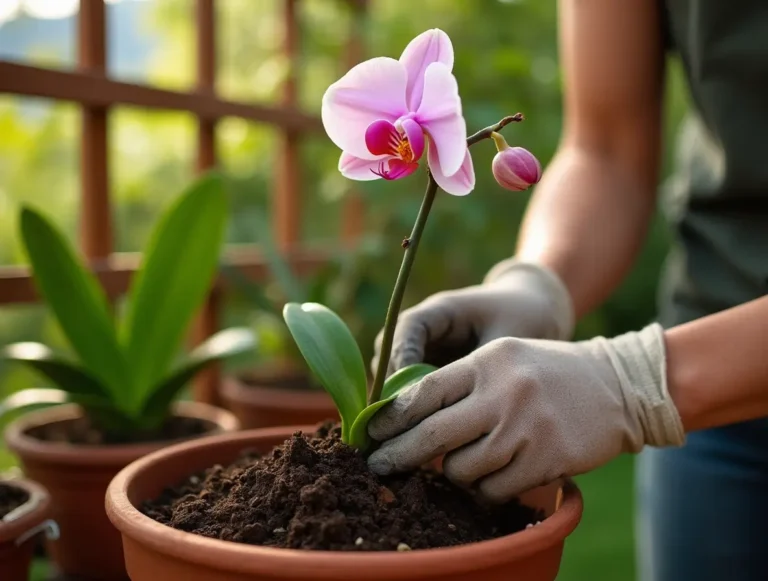 Gardener planting a vanilla bean orchid cutting in a terracotta pot with orchid bark mix