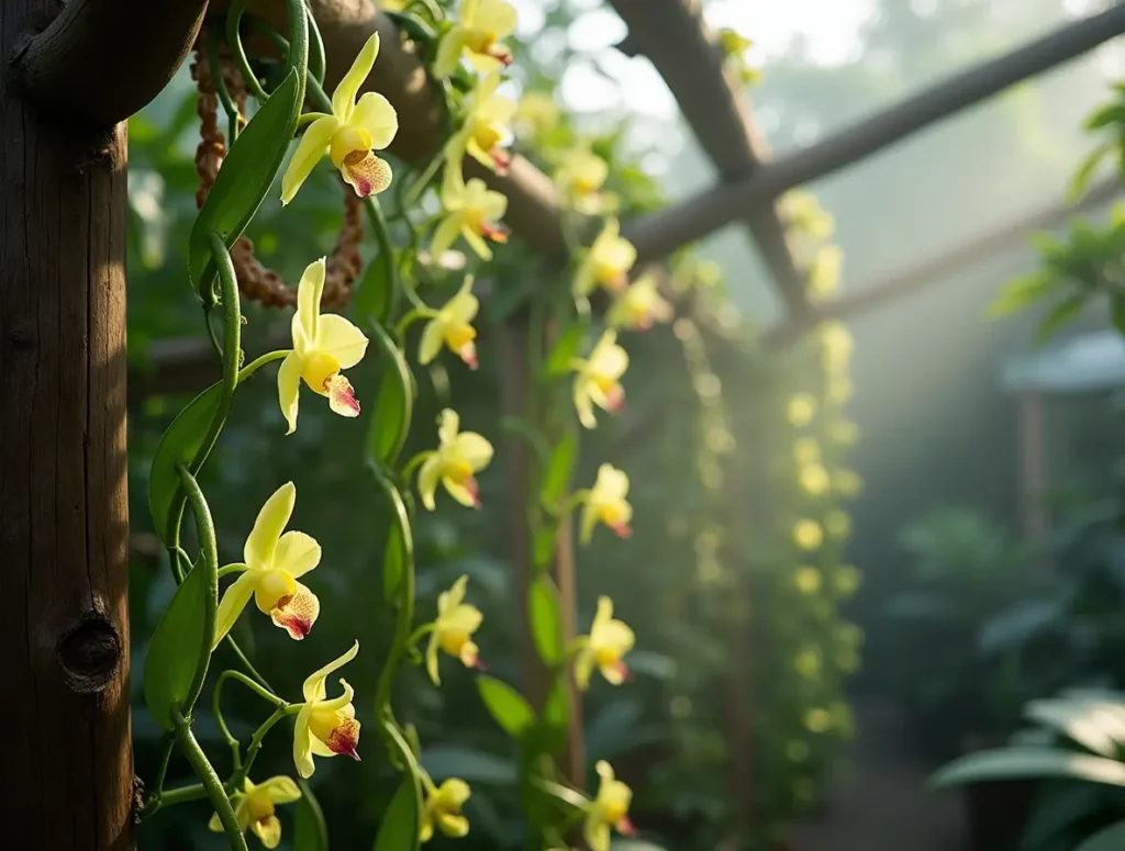 Vanilla bean orchid vine climbing a wooden trellis in a tropical greenhouse with flowers and pods