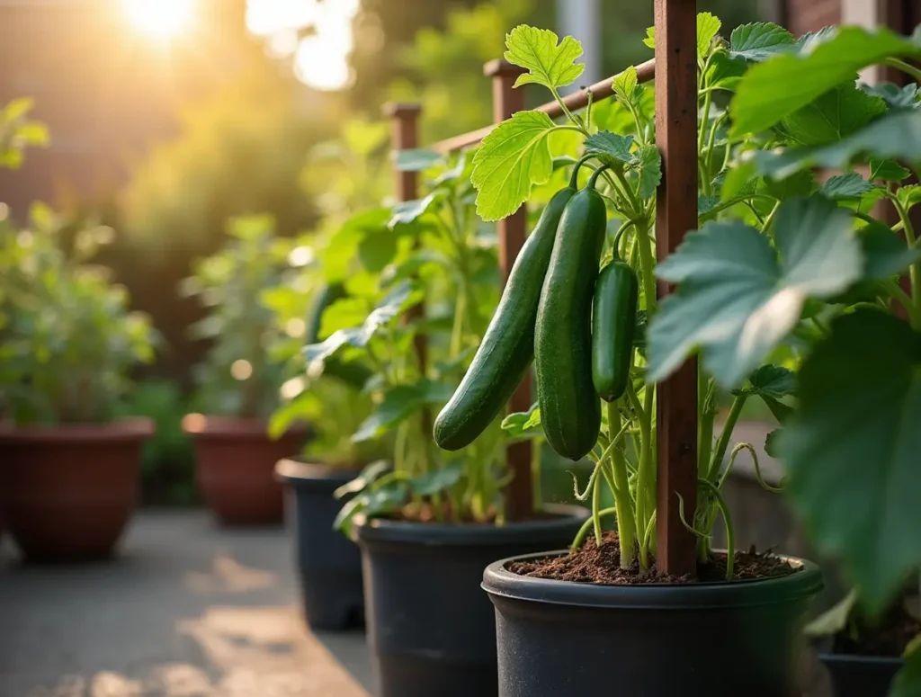 Healthy cucumber plants growing in pots on a sunny patio with trellises. image showing how to grow cucumbers in pots