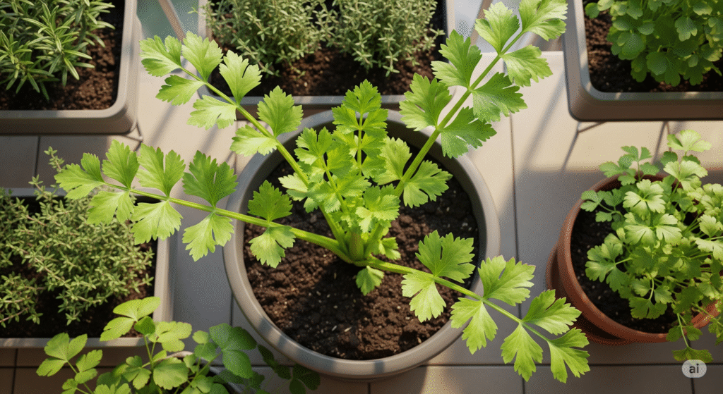 Potted celery plant growing on a balcony with other herbs in containers.