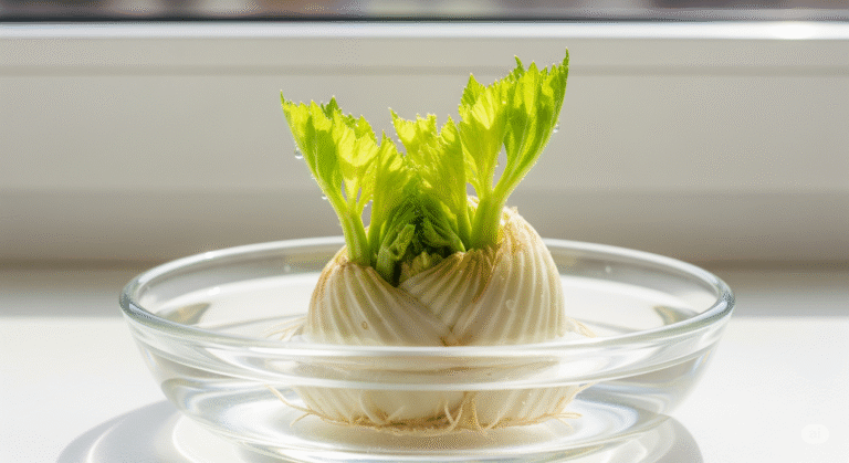 Celery root base sprouting green shoots in a shallow bowl of water