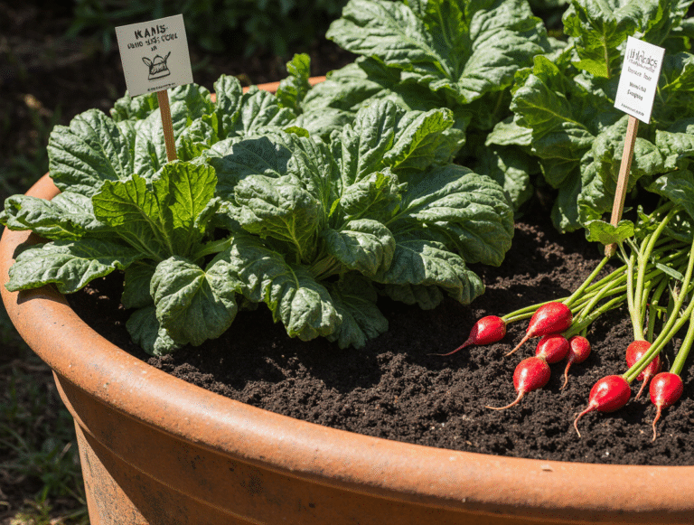 Kale, spinach, and radish growing in terracotta pots on patio for fall container garden