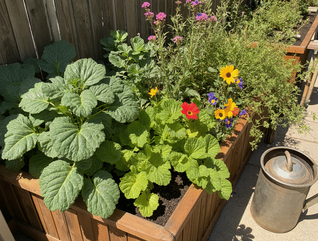 Container garden on balcony with kale, carrots, lettuce, and pansies growing in pots in late August sunlight