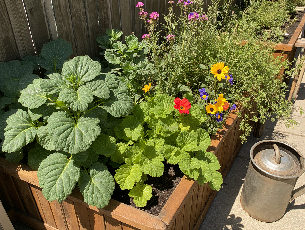 Container garden on balcony with kale, carrots, lettuce, and pansies growing in pots in late August sunlight