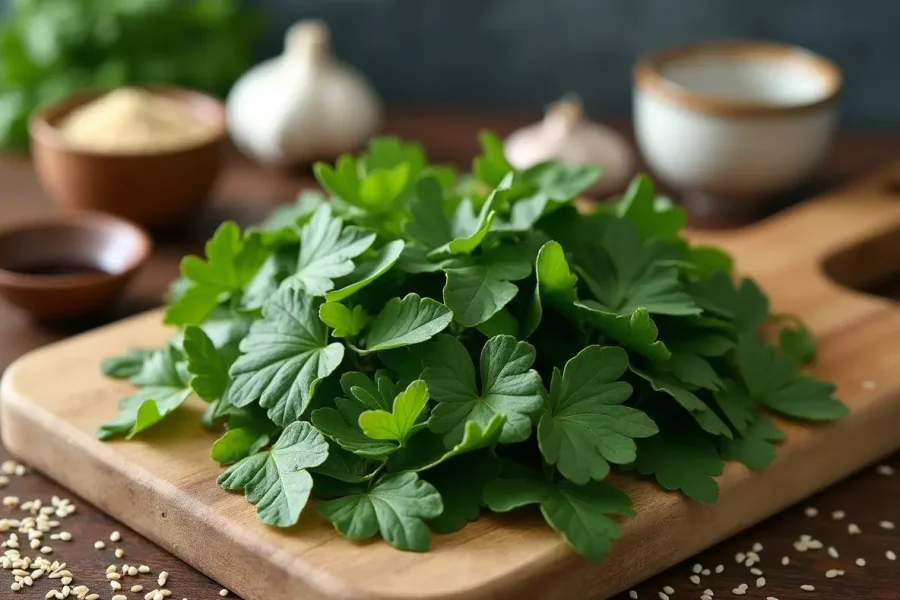 A pile of freshly harvested Perillia leaves on a wooden cutting board, with sesame seeds and garlic scattered nearby. Perfect for culinary uses