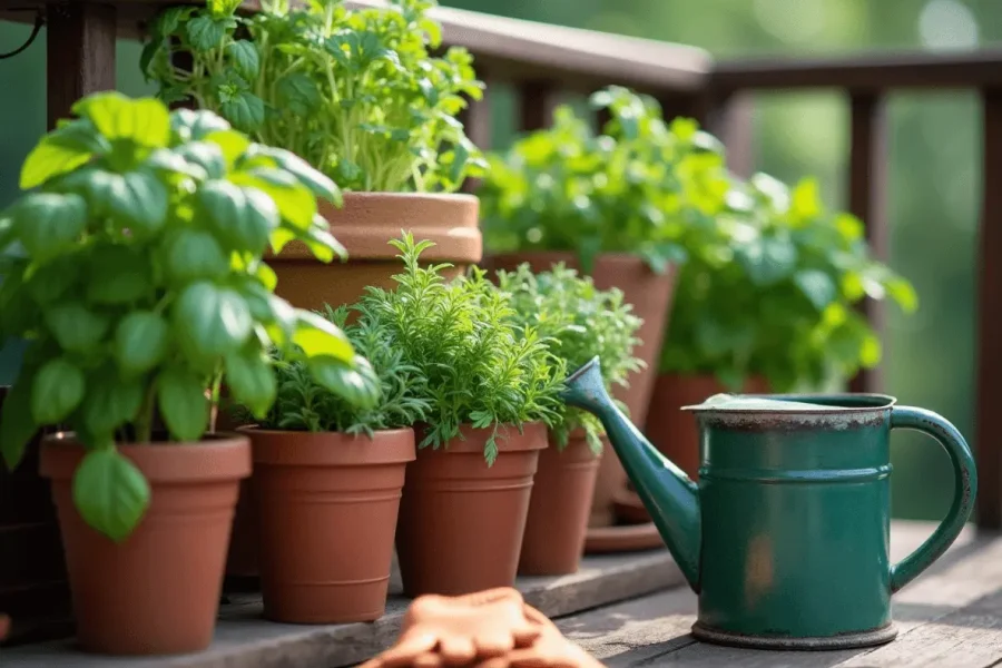 Herbal Container Garden on Patio Beginner-friendly herbal container planting featuring fresh basil, mint, and thyme in colorful pots on a wooden patio, with gardening tools and a watering can nearby.