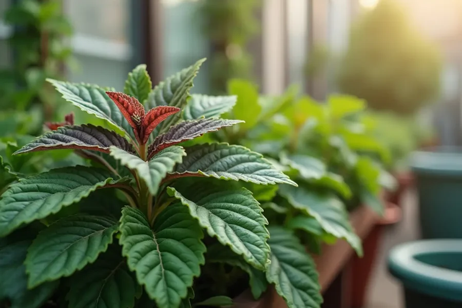 Close-up of fresh Perilla leaves in a rooftop garden, showcasing the best Perilla planting tips. Perilla Plantinf Journey