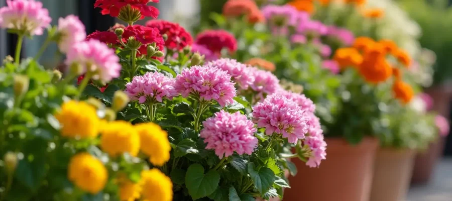 Best flowers for pots: A row of colorful potted flowers on a patio, showcasing a variety of blooms in red, pink, orange, and yellow.